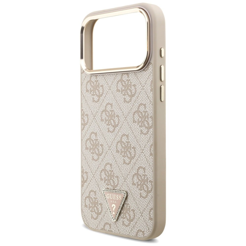 Guess iPhone 17 Pro Max - 4G Triangle Strass Logo MagSafe - Σκληρή Θήκη με Επένδυση Συνθετικού Δέρματος - Pink / Gold - GUHMP17XP4GTDGMP