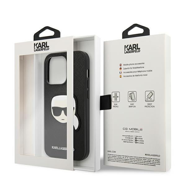 Karl Lagerfeld iPhone 14 Pro Max - Saffiano Karl's Head Patch Σκληρή Θήκη με Επένδυση Συνθετικού Δέρματος και Πλαίσιο Σιλικόνης - Black - KLHCP14XSAPKHK