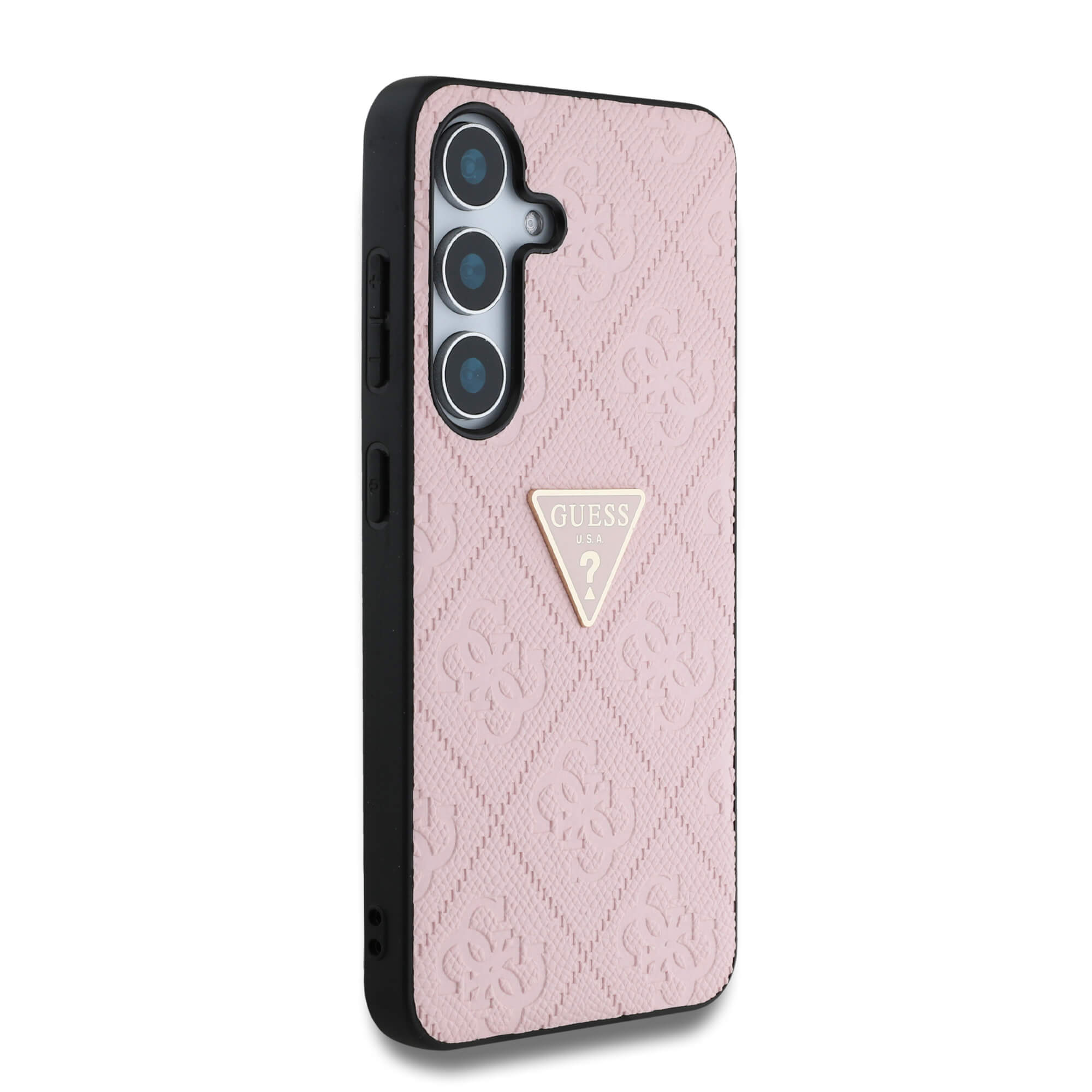Guess Samsung Galaxy S25 - Hot Stamp 4G Pattern Triangle Metal Logo - Θήκη με Επένδυση Συνθετικού Δέρματος και Πλαίσιο Σιλικόνης - Pink - GUHCS25SPGP4STRP