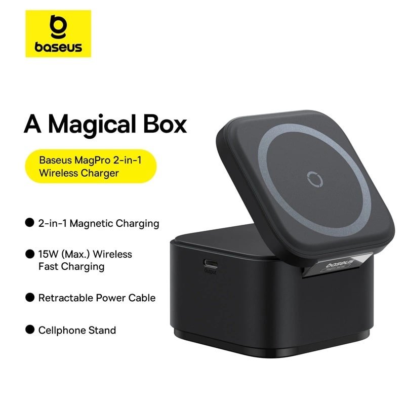 Baseus MagPro 2in1 Ασύρματος Φορτιστής MagSafe για Smartphones και Airpods με Ενσωματωμένο Καλώδιο USB - C - Black - BS - W531