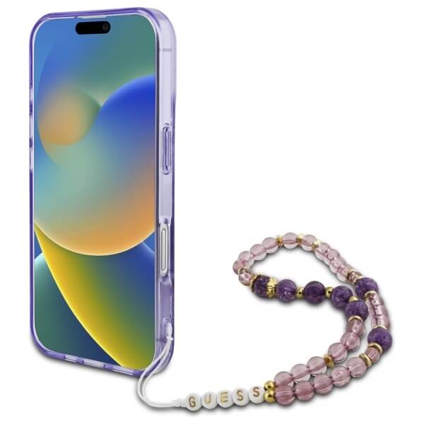 Guess iPhone 16 Plus - IML Flowers With Pearl Strap MagSafe - Σκληρή Θήκη με Πλαίσιο Σιλικόνης και Λουράκι - Purple - GUHMP16MHFWBRCESU