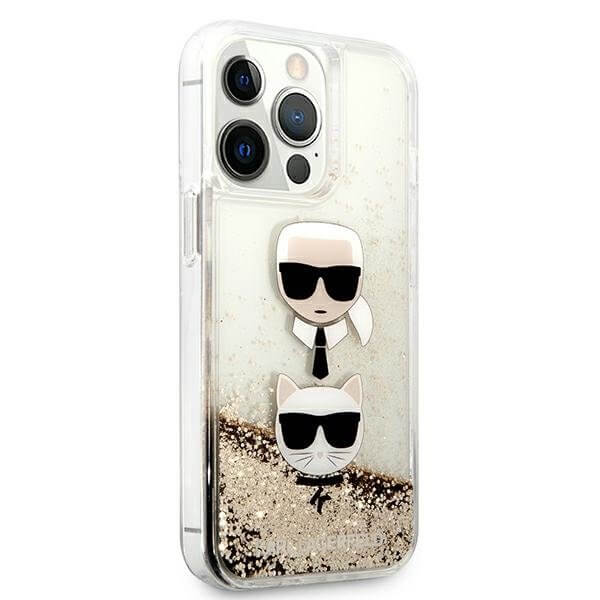 Karl Lagerfeld iPhone 13 Pro Max - Liquid Glitter Karl and Choupette Σκληρή Θήκη με Πλαίσιο Σιλικόνης - Gold - KLHCP13XKICGLD