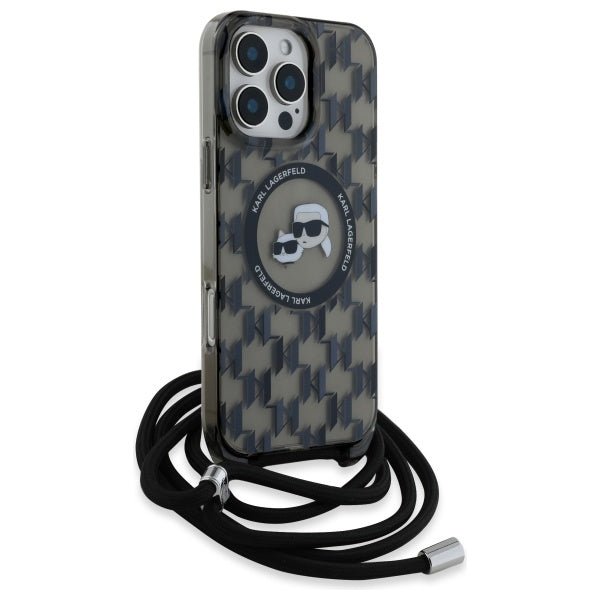 Karl Lagerfeld iPhone 16 Pro - IML Crossbody Monogram Karl and Choupette Head - MagSafe Σκληρή Θήκη με Πλαίσιο Σιλικόνης και Λουράκι - Black - KLHMP16LHCKCKLCK