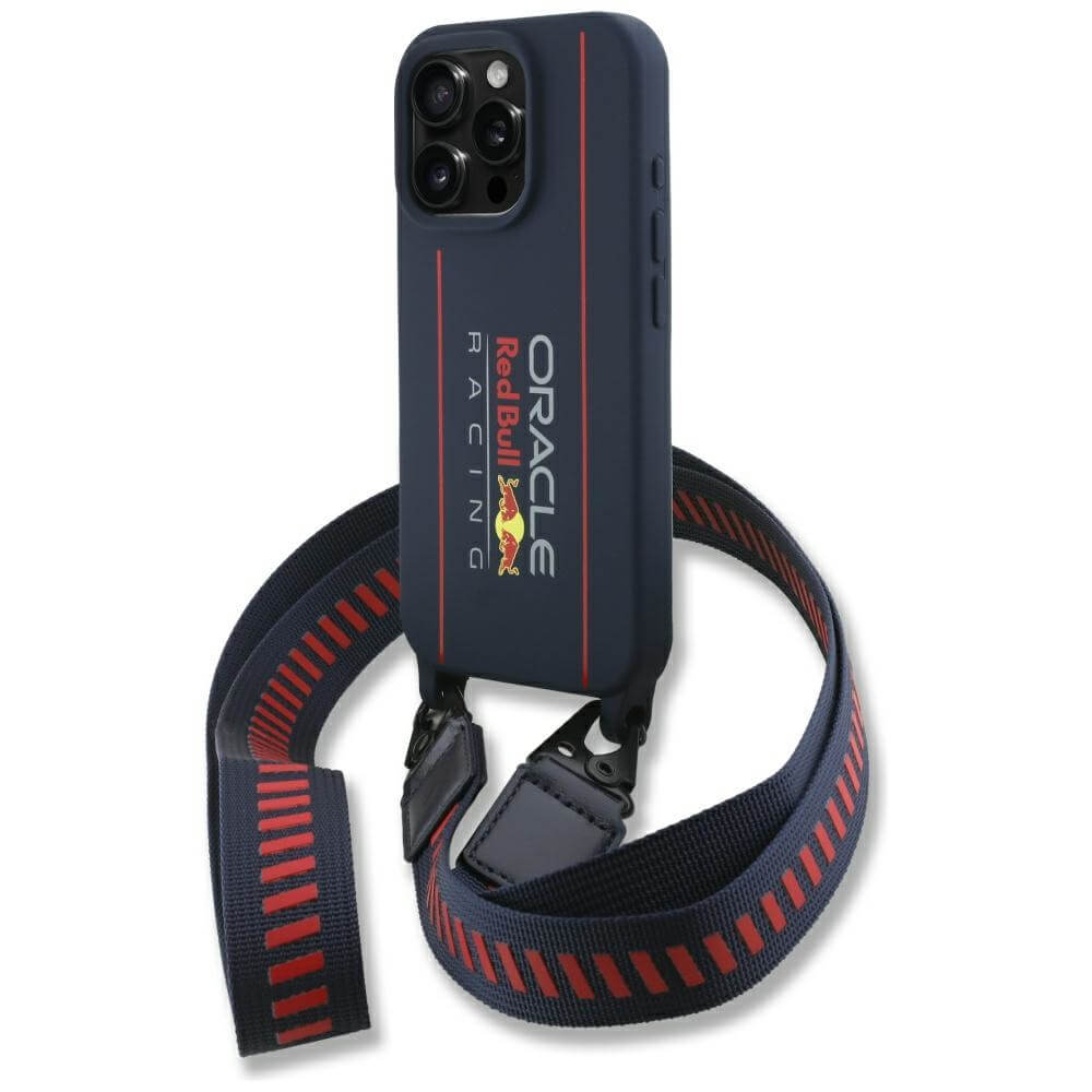 Red Bull iPhone 16 Pro - Silicone Strap and Vertical Logo - MagSafe Σκληρή Θήκη με Πλαίσιο Σιλικόνης και Λουράκι - Navy Blue - RBHMP16L24SISOLRV