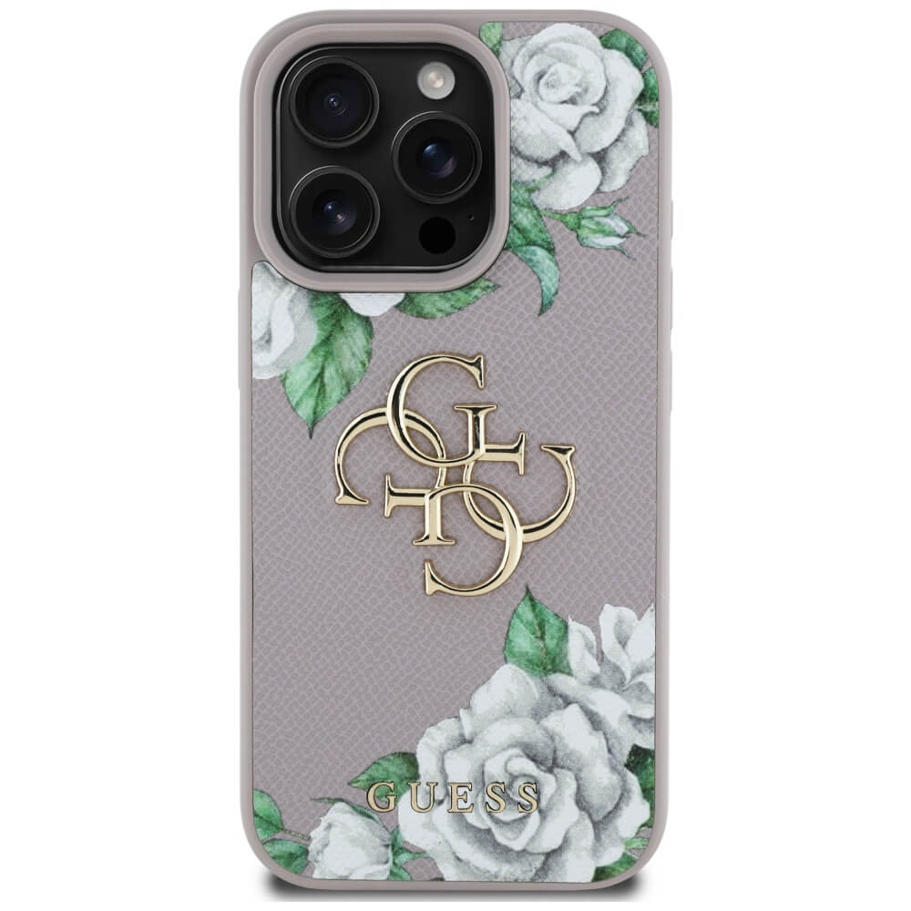 Guess iPhone 16 Pro - Grained Roses Big 4G Logo - Σκληρή Θήκη με Επένδυση από Οικολογικό Δέρμα - Purple - GUHCP16LPGROP4MU