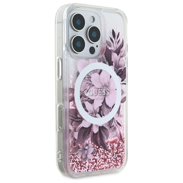Guess iPhone 16 Pro Max - Liquid Glitter Flower - MagSafe Σκληρή Θήκη με Πλαίσιο Σιλικόνης - Διάφανη - GUHMP16XLFMWTP