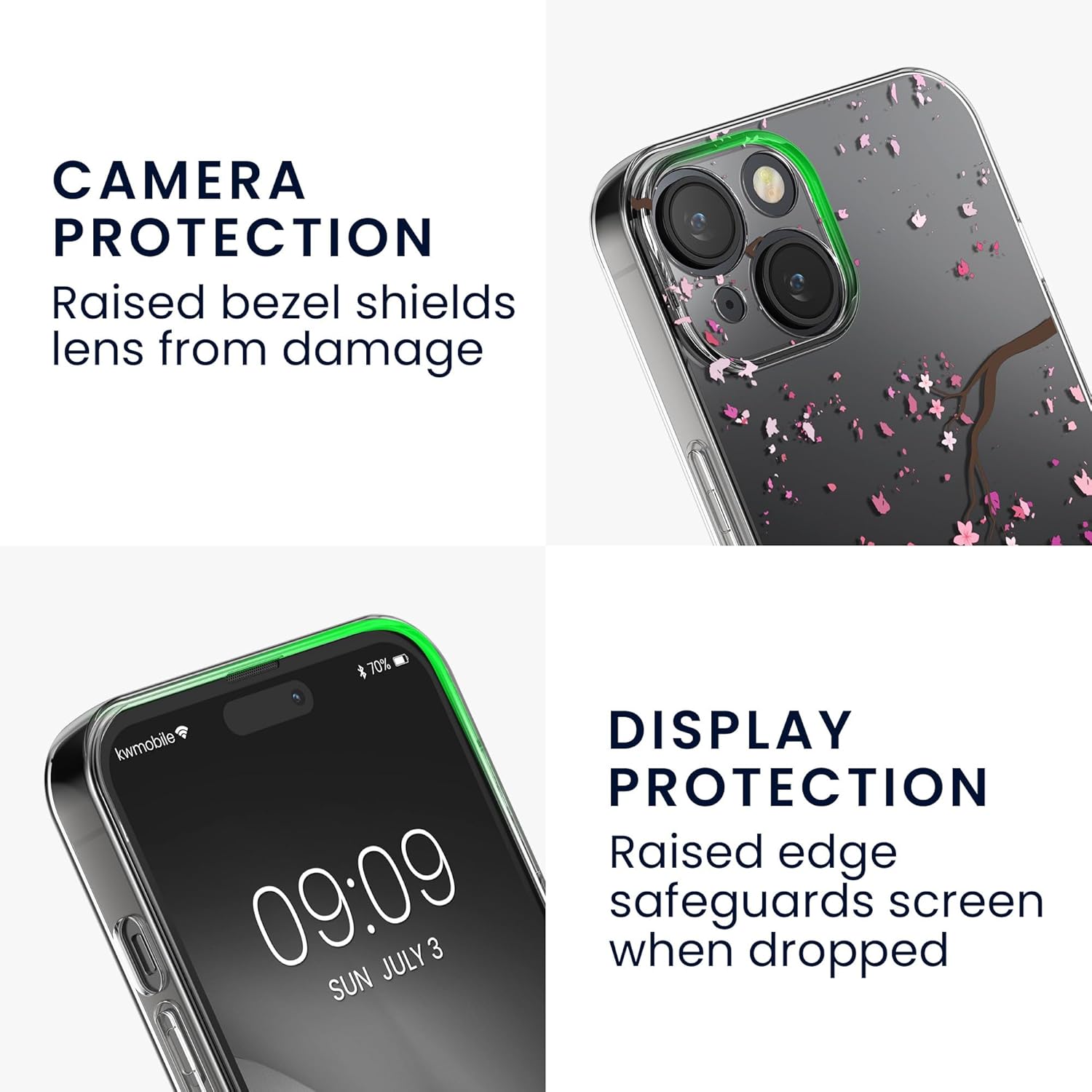 KW iPhone 15 Θήκη Σιλικόνης TPU με Αντιχαρακτικό Γυαλί - Design Cherry Blossom Petals - Pink / Dark Brown / Διάφανη