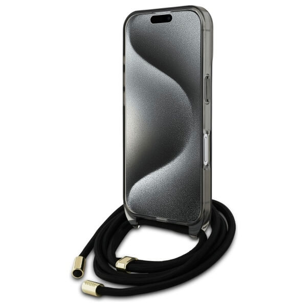 Guess iPhone 16 - Crossbody Cord Script MagSafe - Σκληρή Θήκη με Πλαίσιο Σιλικόνης και Λουράκι - Black - GUHMP16SHCTSGNSK