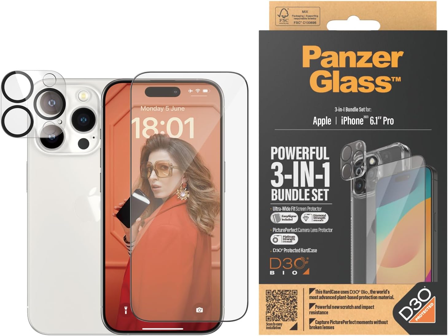 PanzerGlass iPhone 15 Pro - Σετ με 1 Αντιχαρακτικό Γυαλί Οθόνης Ultra - Wide Fit, 1 Αντιχαρακτικό Γυαλί για την Κάμερα και 1 Σκληρή Θήκη - Διάφανο