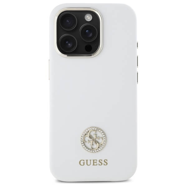 Guess iPhone 16 Pro - Silicone Logo Strass 4G - Σκληρή Θήκη με Πλαίσιο Σιλικόνης - White - GUHCP16LM4DGPH