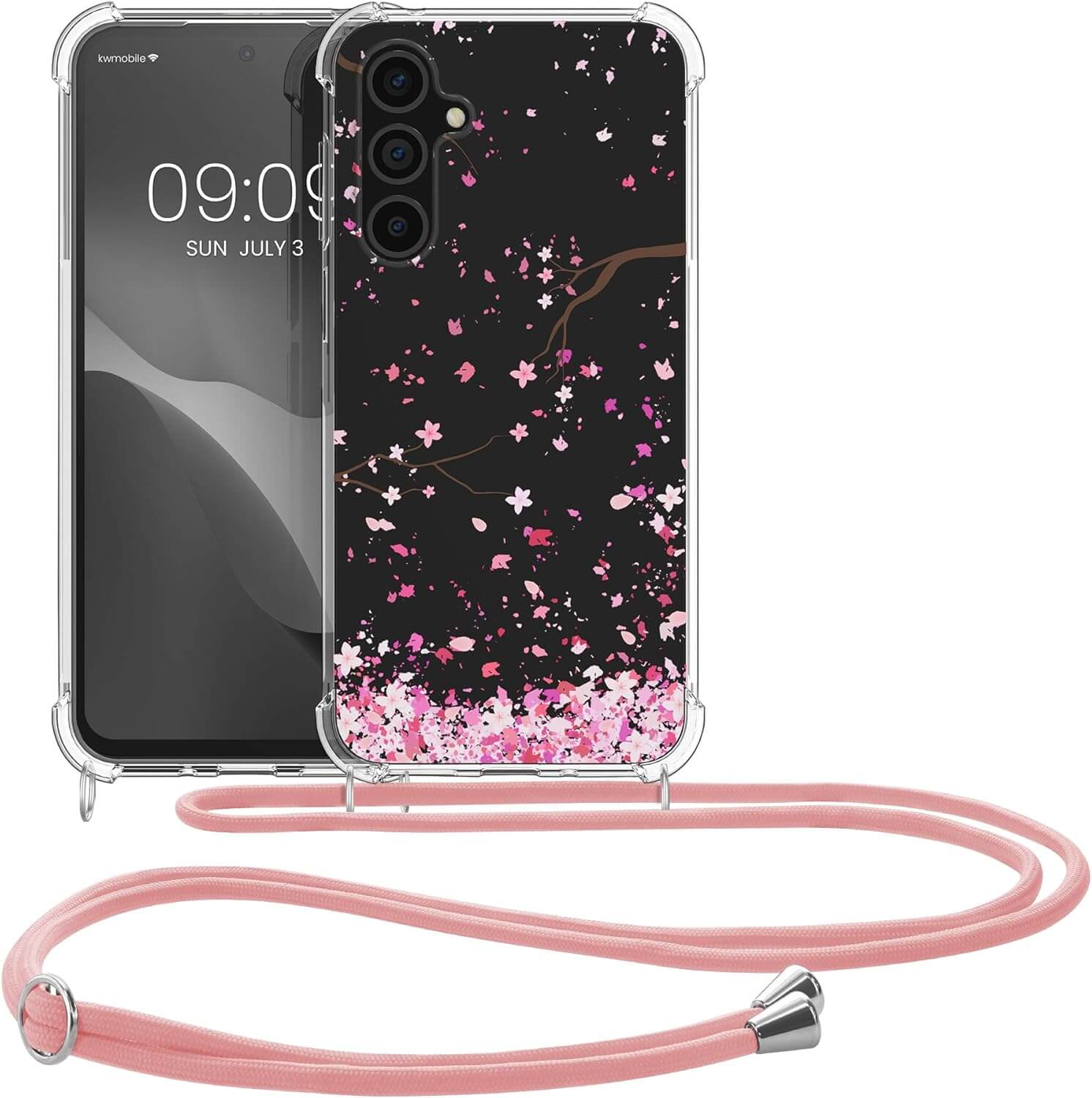 KW Samsung Galaxy A15 4G / A15 5G Θήκη Σιλικόνης TPU με Λουράκι - Design Cherry Blossoms - Pink / Dark Brown / Διάφανη