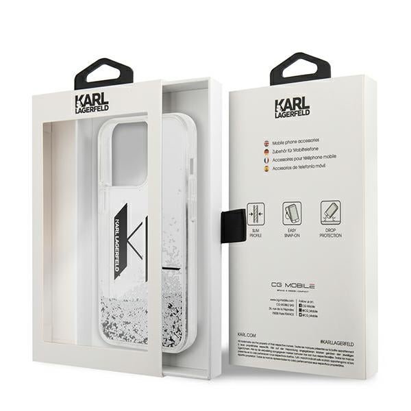 Karl Lagerfeld iPhone 14 Pro Max - Liquid Glitter Big KL Σκληρή Θήκη με Πλαίσιο Σιλικόνης - Διάφανη / Silver - KLHCP14XLBKLCS