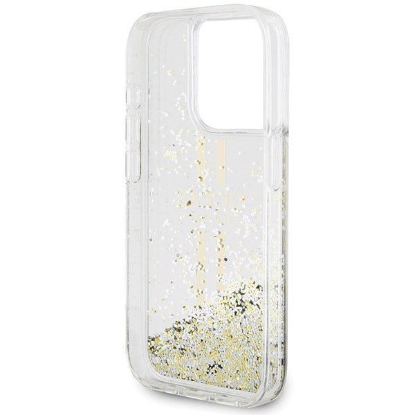 Guess iPhone 15 Pro Max Liquid Glitter Gold Stripes Σκληρή Θήκη με Πλαίσιο Σιλικόνης - Διάφανη - GUHCP15XLFCSEGT