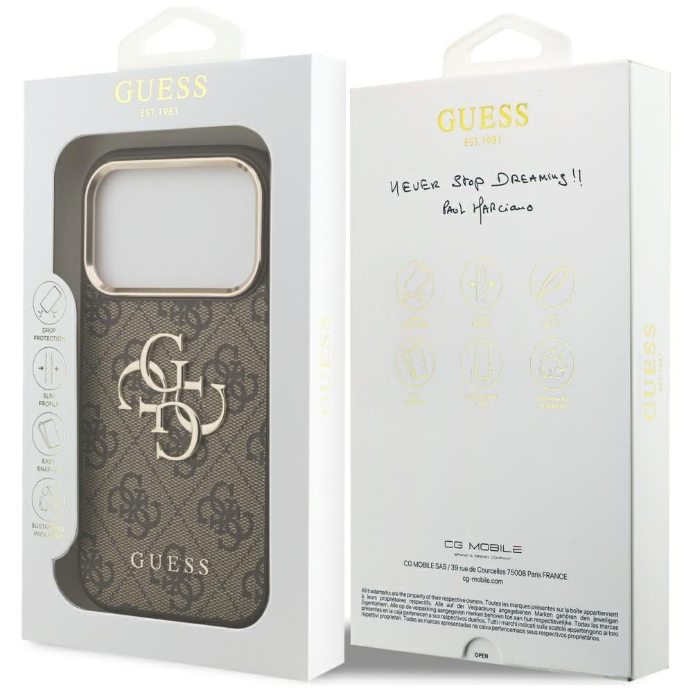 Guess iPhone 17 Pro - 4G Big 4G Classic Logo - Σκληρή Θήκη με Πλαίσιο Σιλικόνης και Επένδυση από Οικολογικό Δέρμα - Brown / Gold - GUHCP17L4GMGCBR