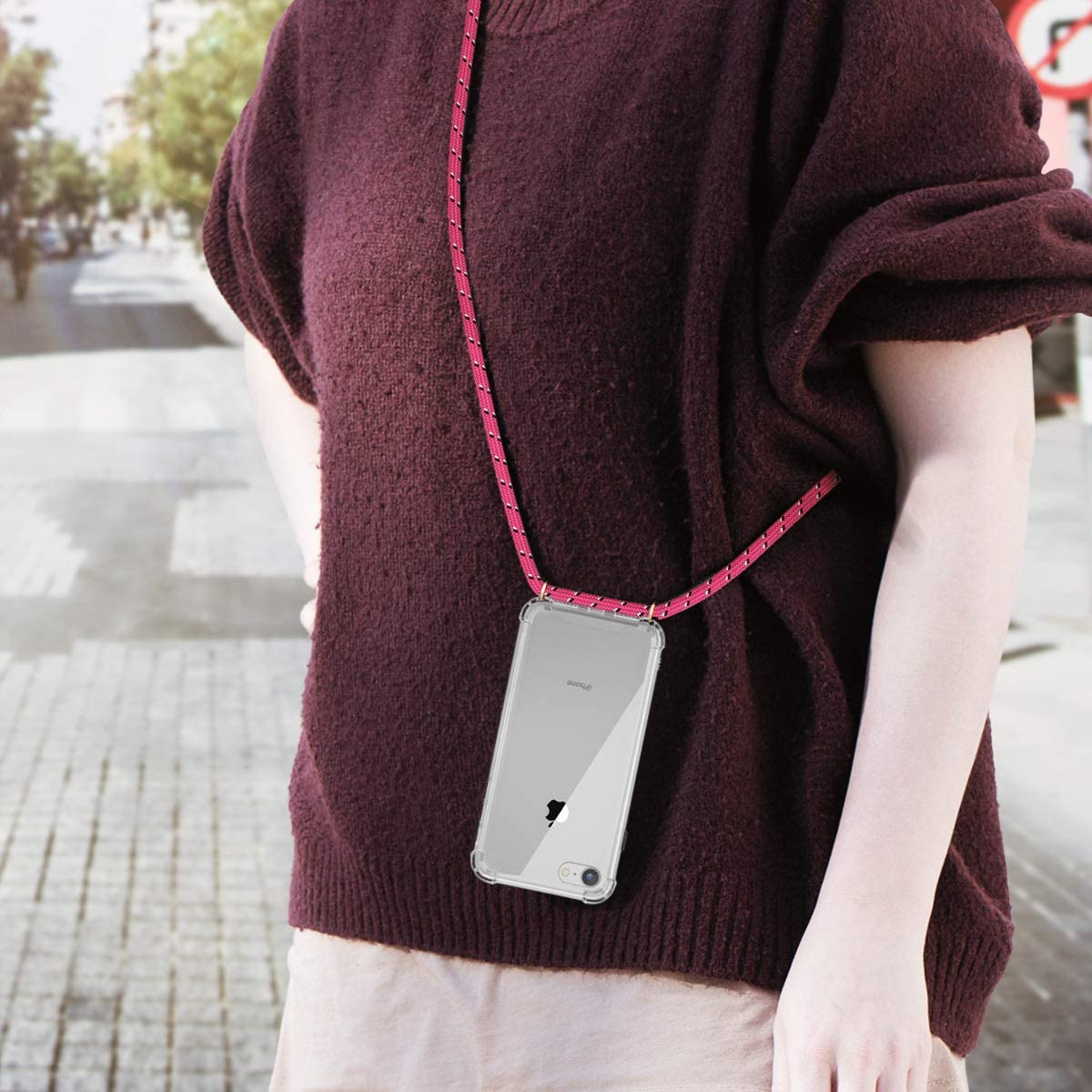 KW iPhone SE 2022 / SE 2020 / 7 / 8 Θήκη Σιλικόνης TPU με Λουράκι - Διάφανη / Fuchsia / Black - 47247.106